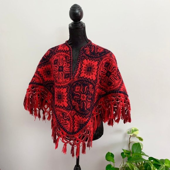Vintage 70s Red Fringed Poncho - Picture 1 of 5
